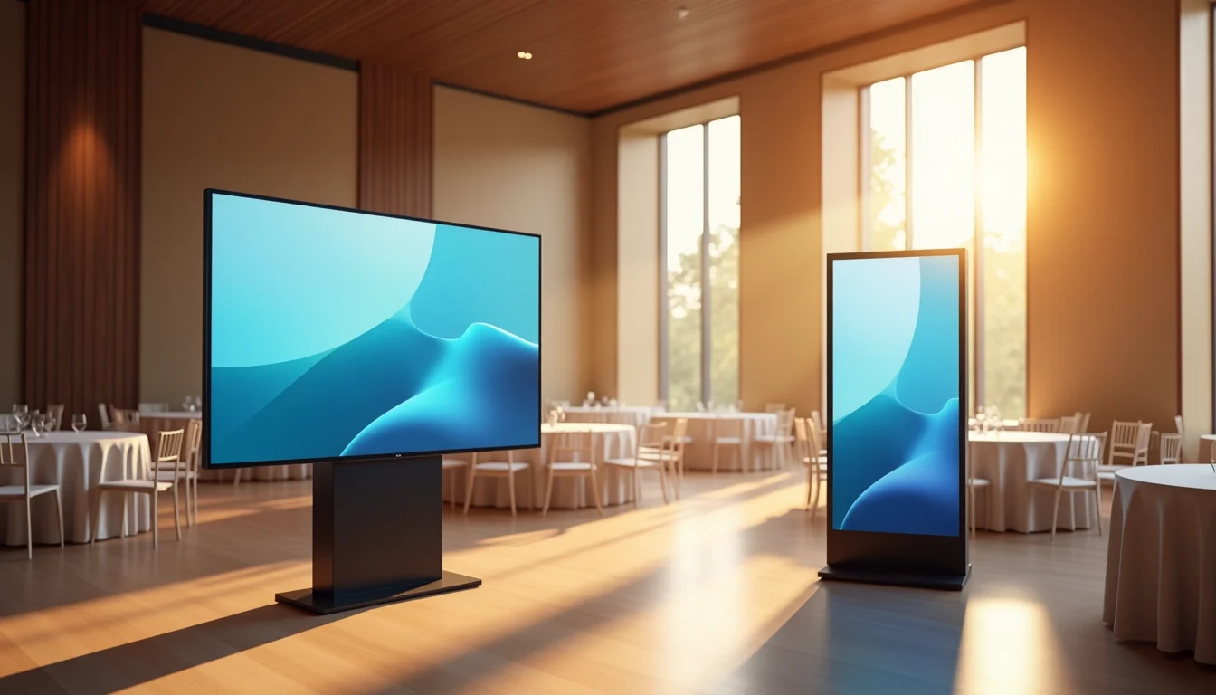Un televisor sobre soporte de pie y un tótem en un salón con las mesas ya puestas, antes de que llegue la gente