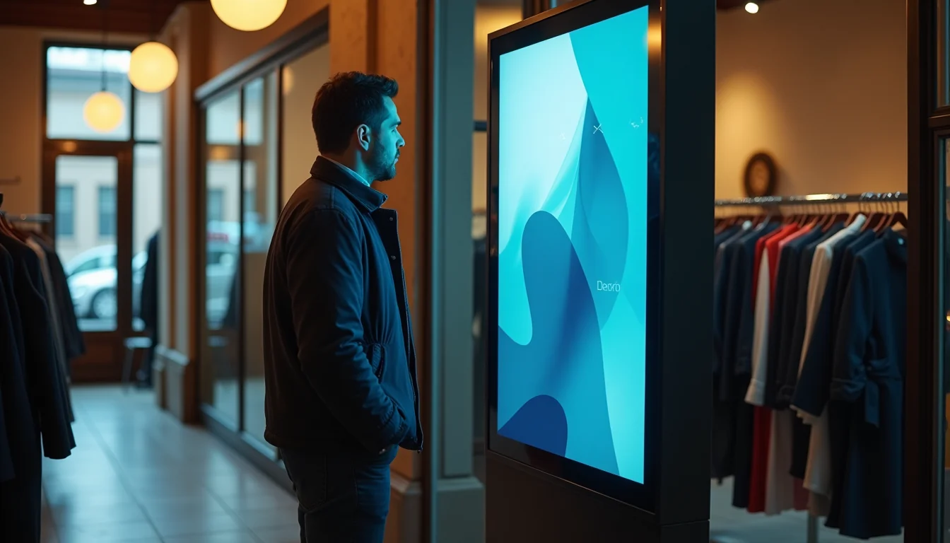 Una persona mirando un tótem con una promoción, en un local de ropa