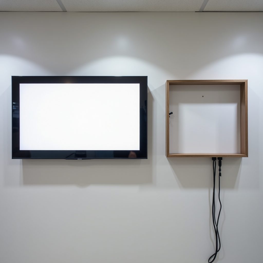 Una pantalla instalada y al lado un soporte vacío con los cables sueltos
